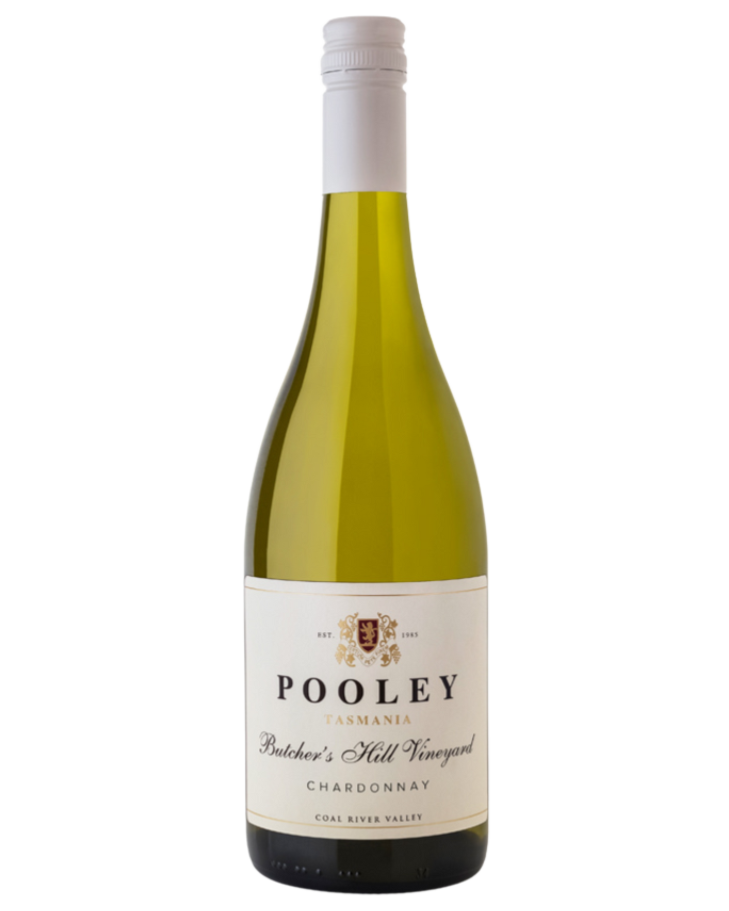 Pooley Chardonnay Butchers Hill bottle with white label and black writing