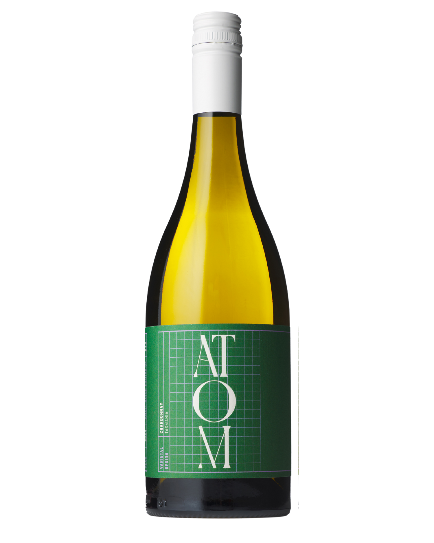 Atom Chardonnay with dark green label and white writing 