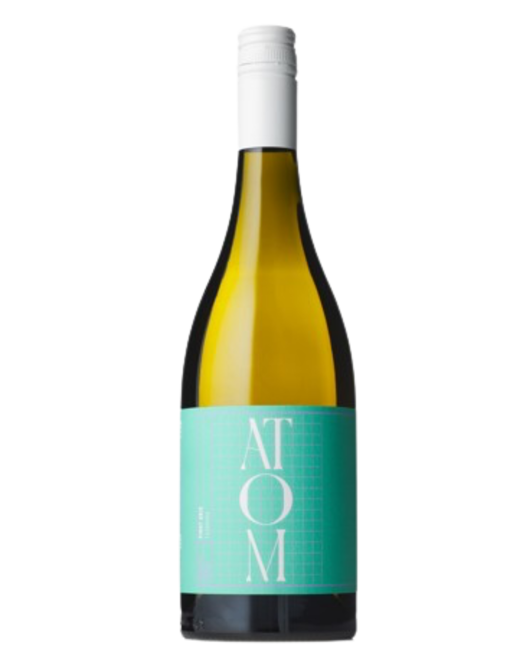 Atom Pinot Gris with a blue/green label and white writing 