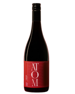 Atom Pinot Noir with bright red label and white writing 