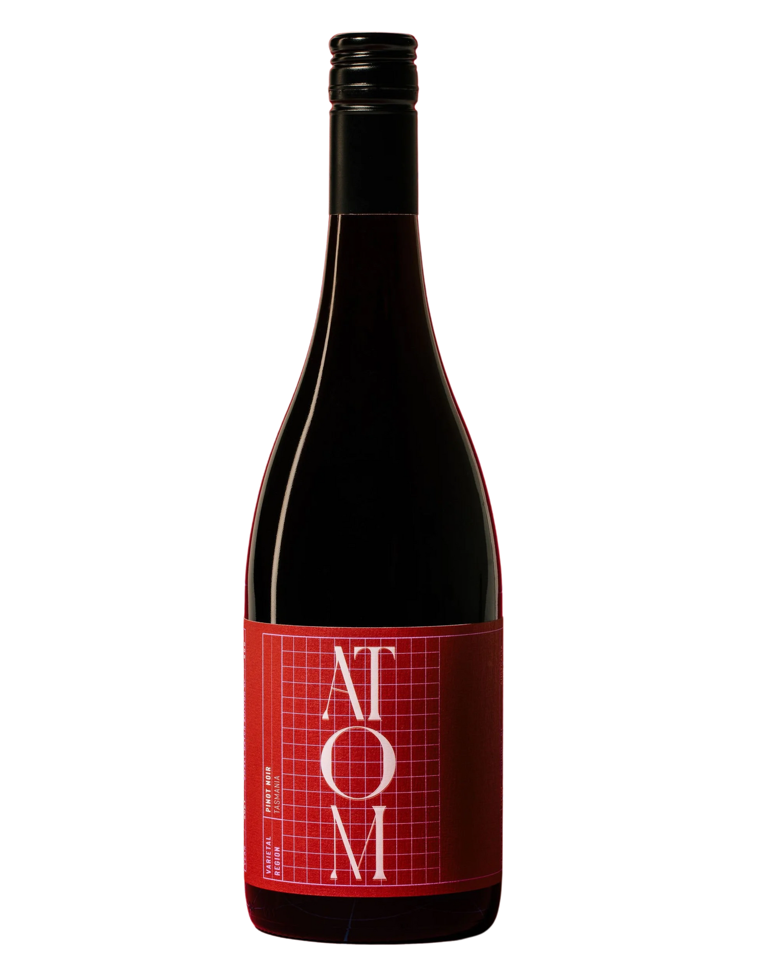 Atom Pinot Noir with bright red label and white writing 