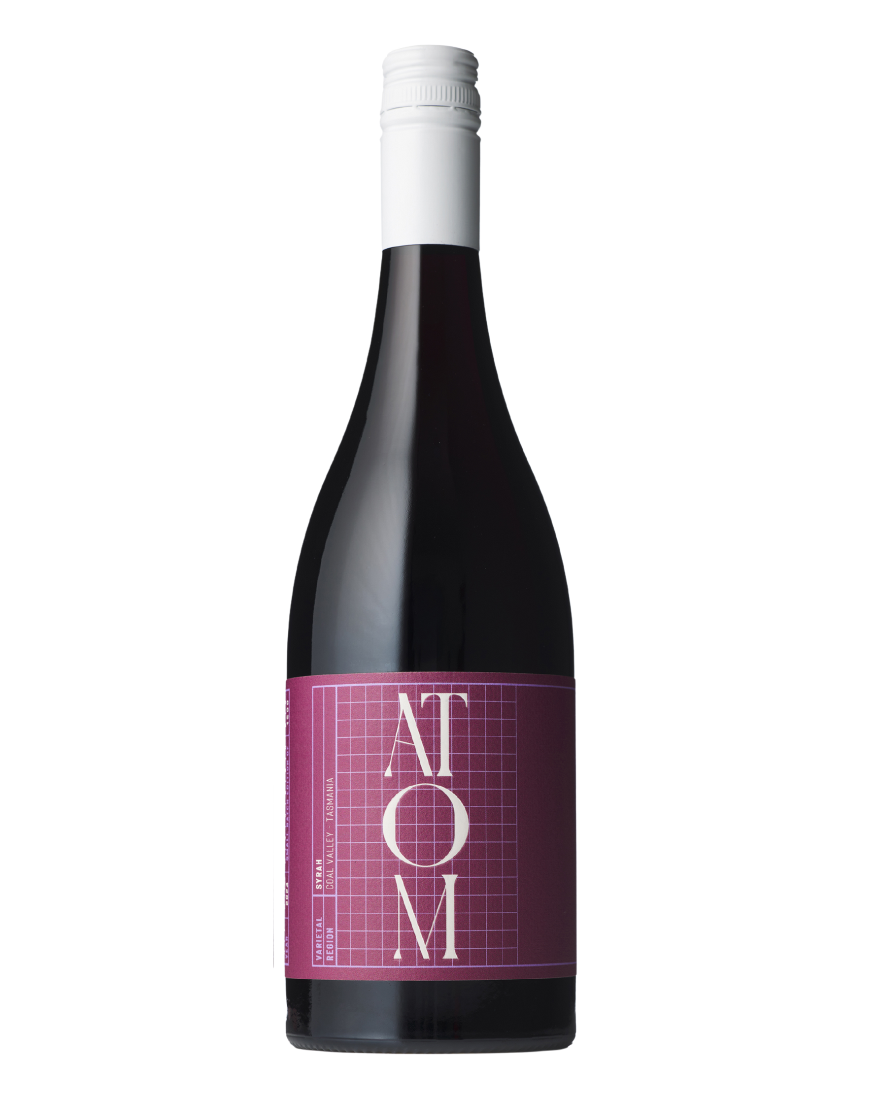 Atom Syrah with purple label and white writing 