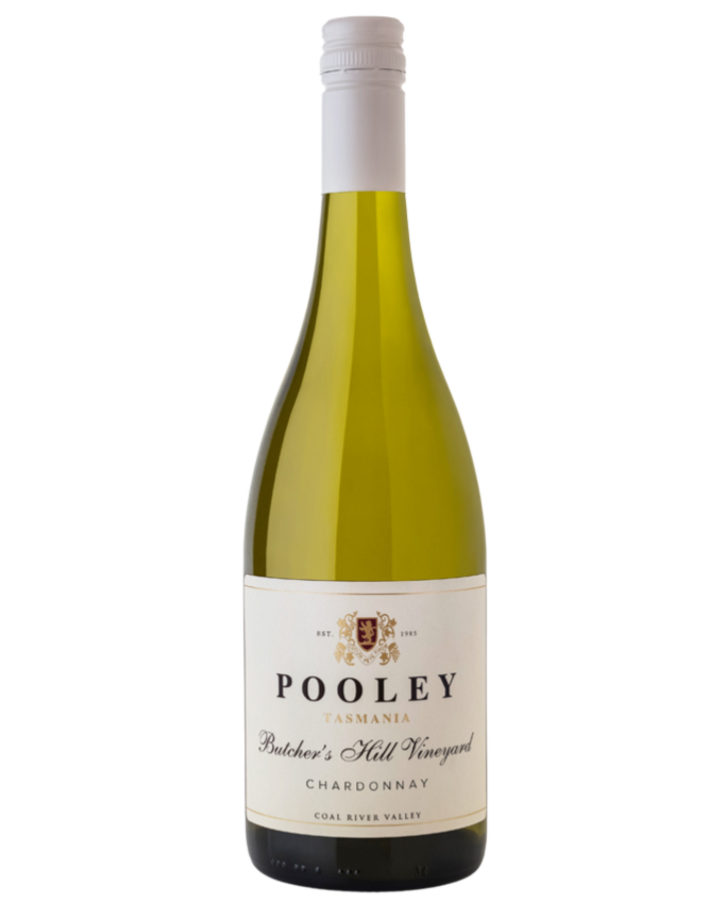 Pooley Chardonnay Butchers Hill bottle with white label and black writing 