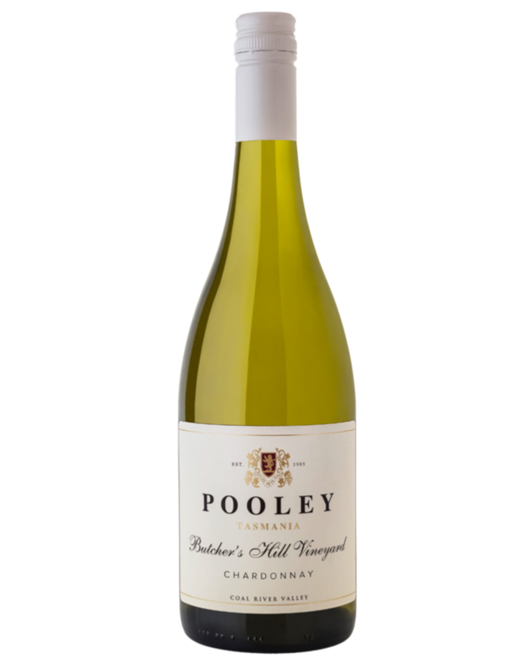 Pooley Chardonnay Butchers Hill bottle with white label and black writing 