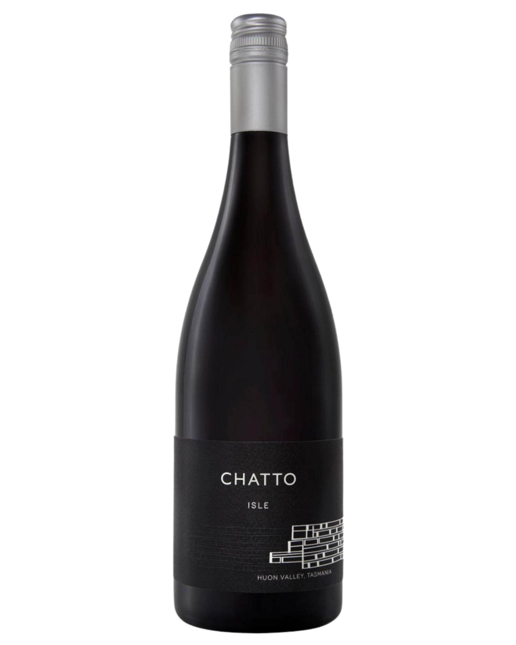 Chatto Isle Pinot Noir with blacked label and small bit of grey writing and brick art work