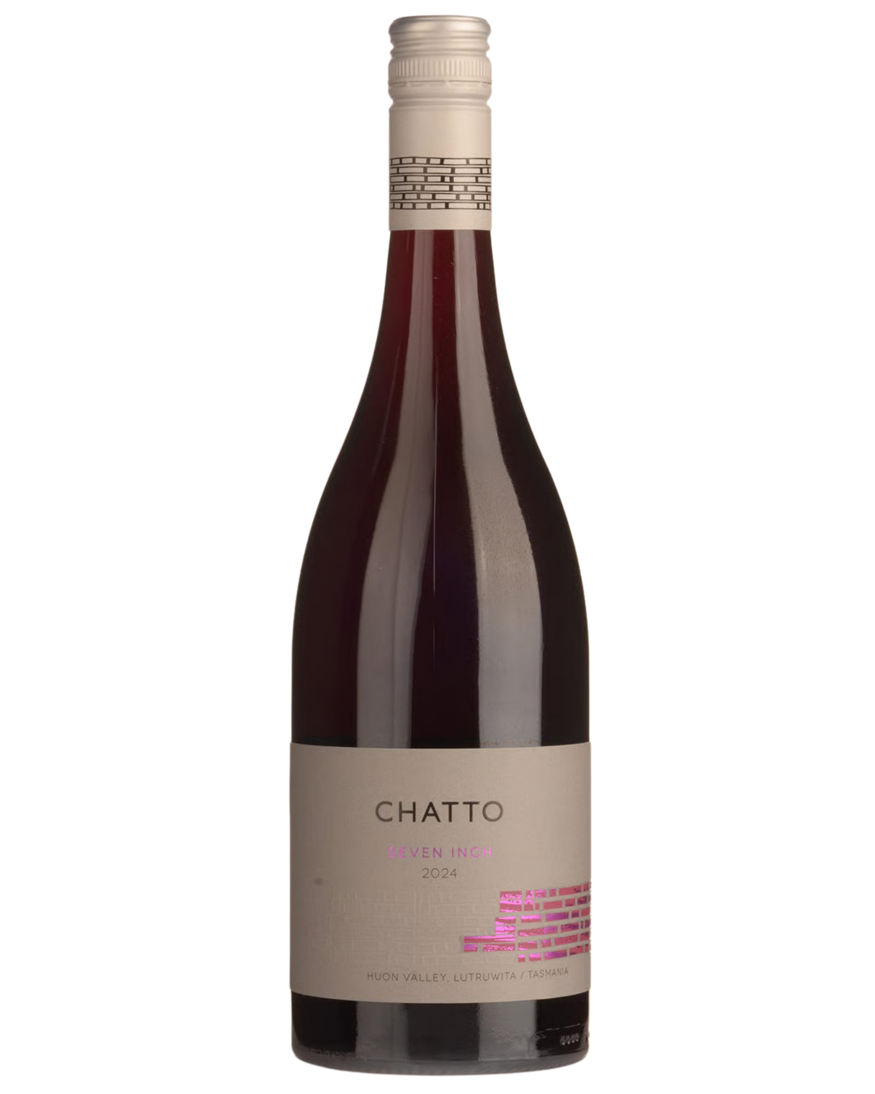 Chatto Seven Inch Pinot Noir with light grey label, metalic pink writing and brick art work