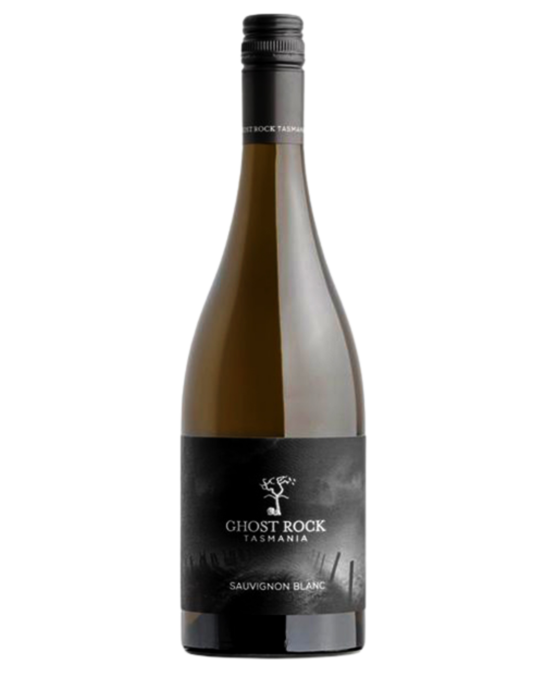 Ghost Rock Savignon Blanc with black and grey label and sliver writing 