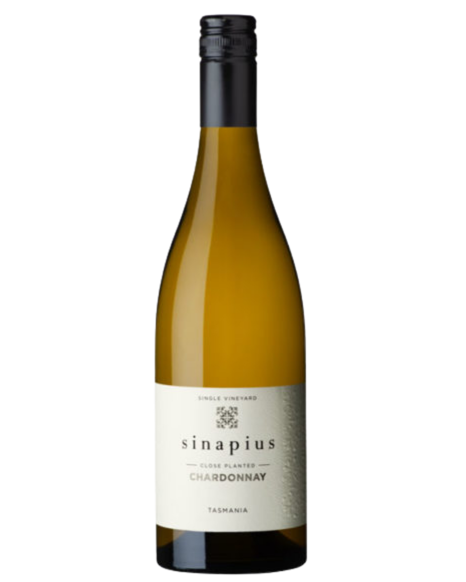 Sinapius Chardonnay with simple white label and black writting 