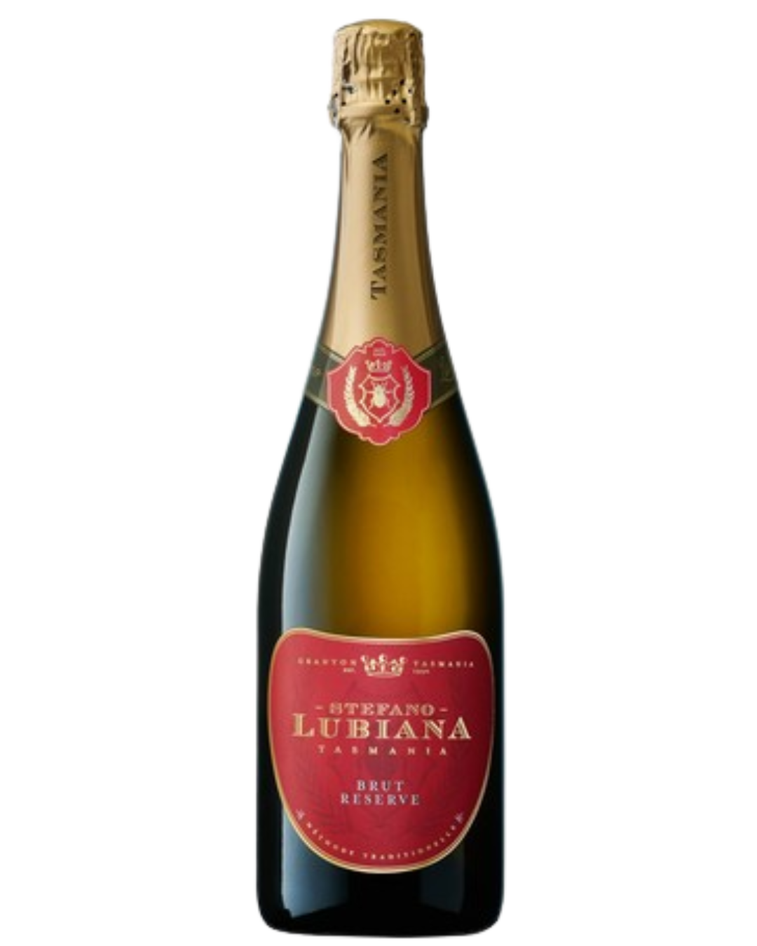 Stefano Lubiana Brut Reserve on a red label and gold writting 