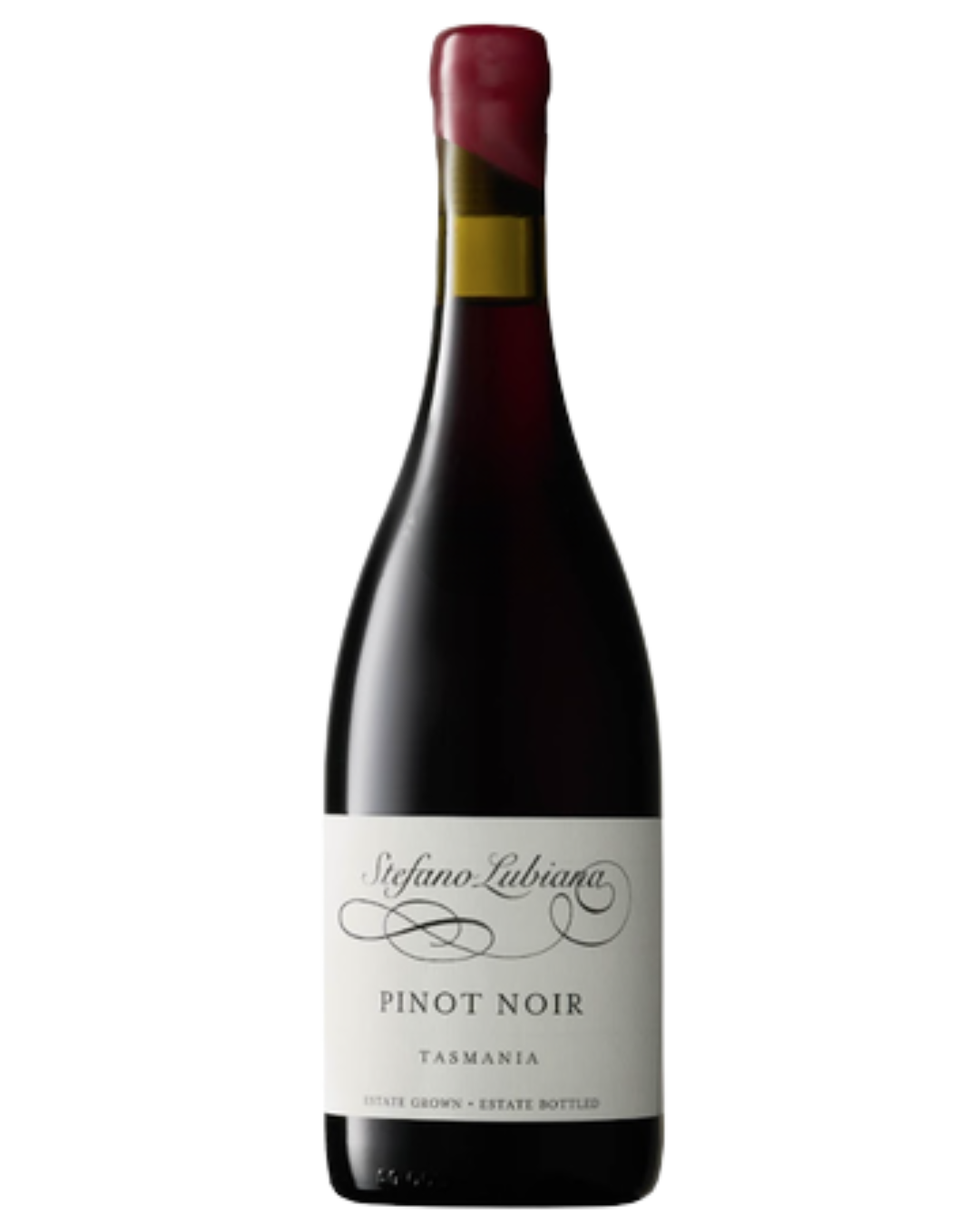 Stefano Labiana Pinot Noir Tasmania with a white label and black writting with a waxed top