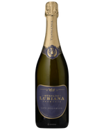 Stefano Lubiana Late Disgorged pictured with a navy blue label and gold writing 