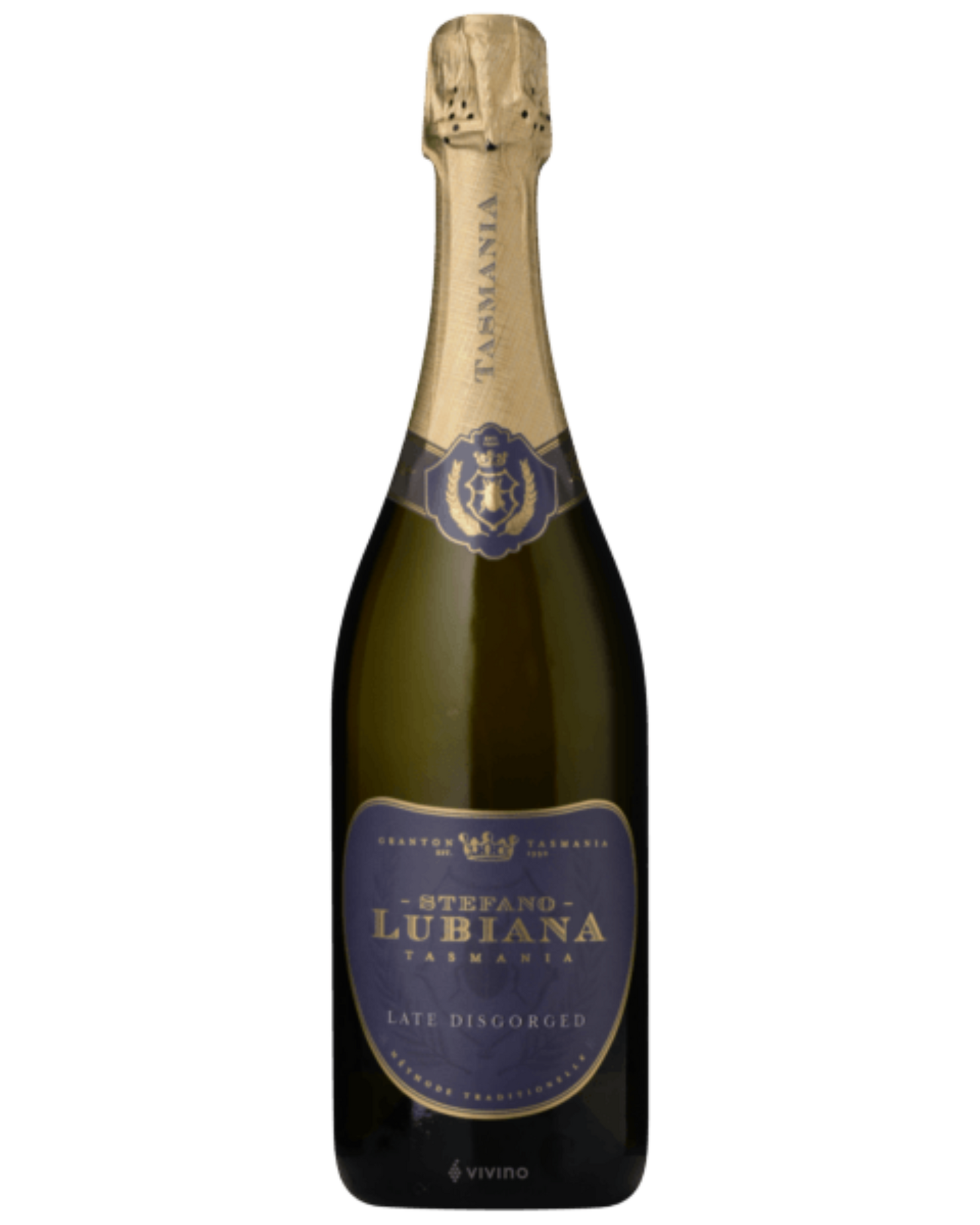 Stefano Lubiana Late Disgorged pictured with a navy blue label and gold writing 