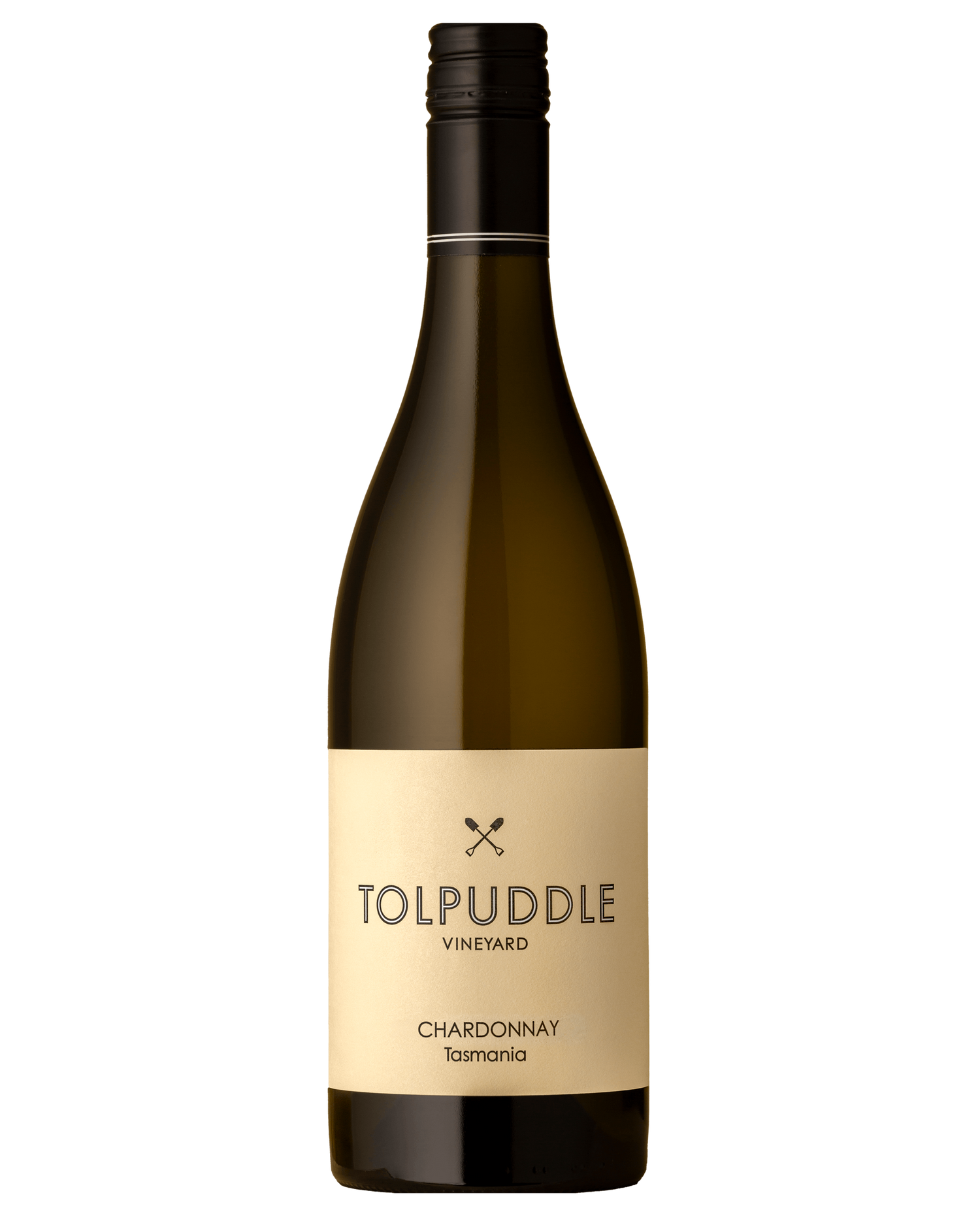 Tolpuddle Chardonnay with simple white label and hollow black text 