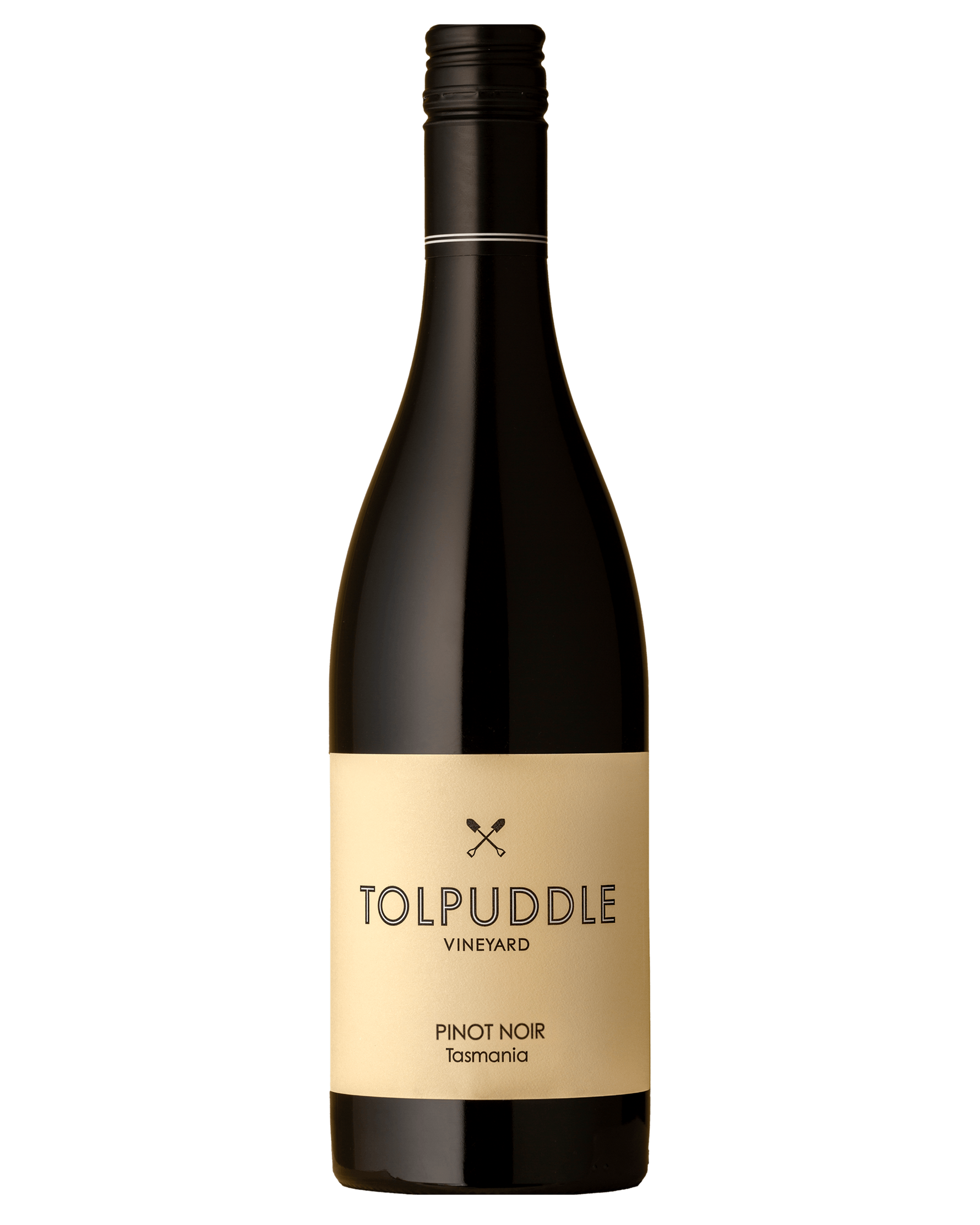 Tolpuddle Pinot Noir with simple white label and black hollow text