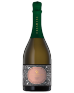 Delamere Vintage sparkling Rose with a black and white speckled label and pink cirlce with gold writing 