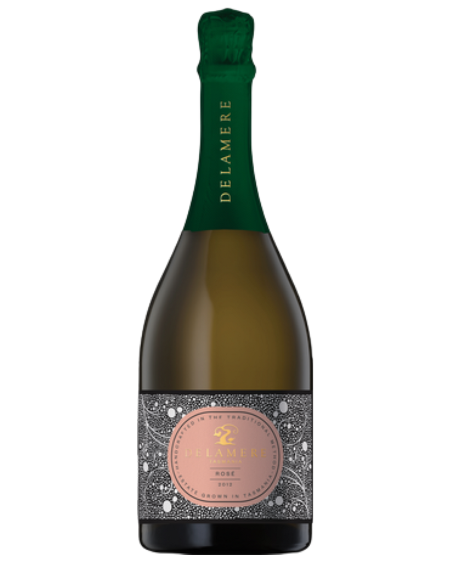 Delamere Vintage sparkling Rose with a black and white speckled label and pink cirlce with gold writing 