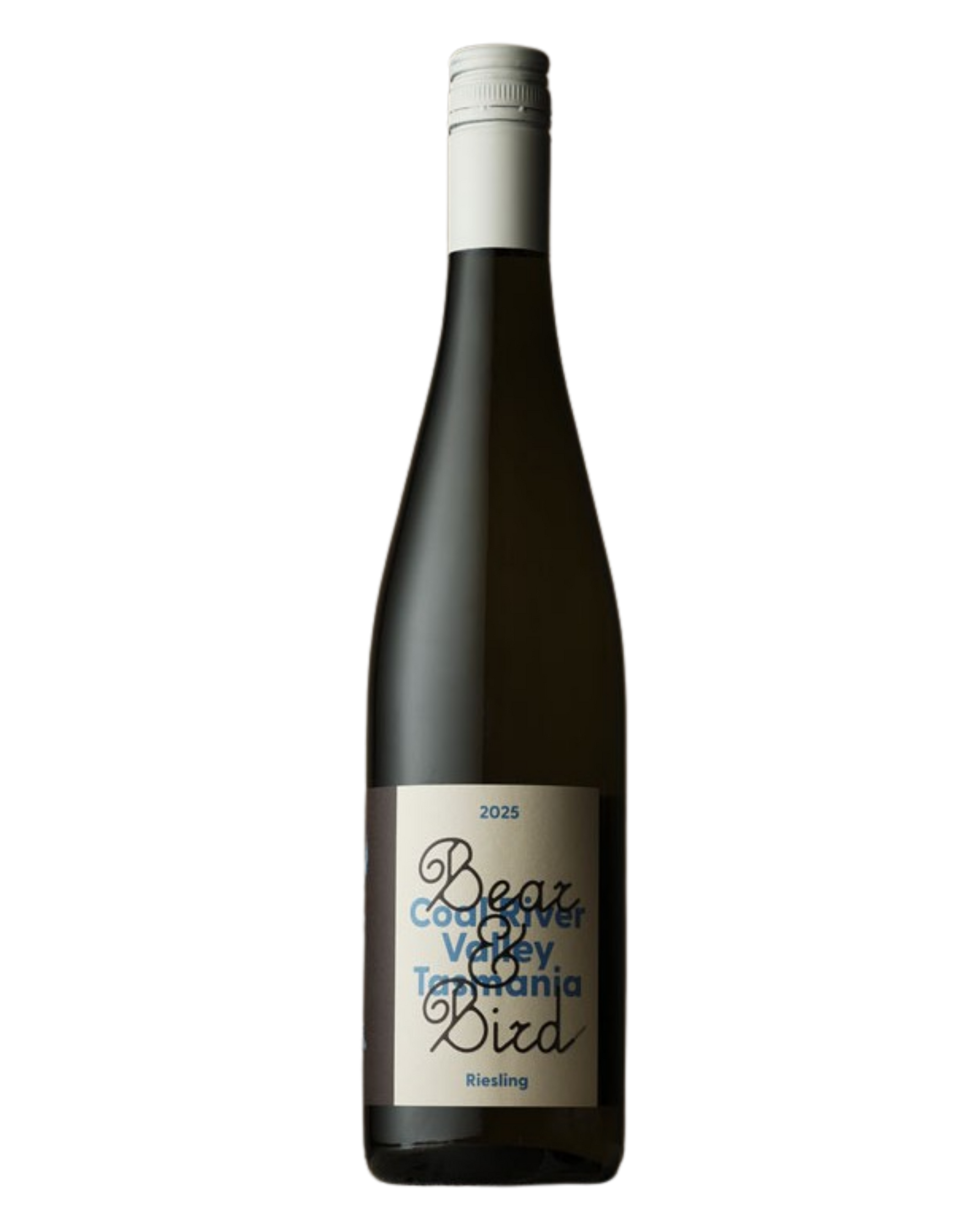 Bear & Bird Riesling with and white background and blue coal river wiritng in the background
