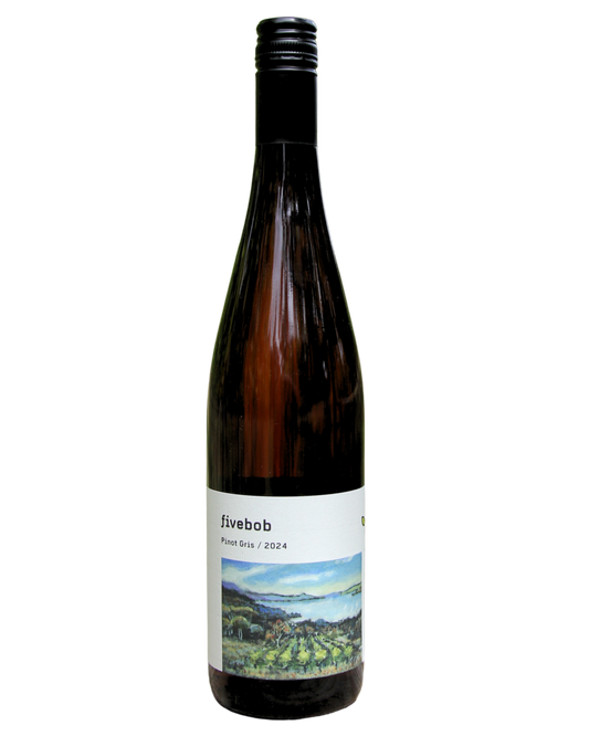 Five Pinot Gris bottle with a label featuring a scenic landscape on a white background