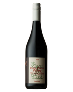Bear & Bird Pinot Noir bottle with a white label and red writing in the background