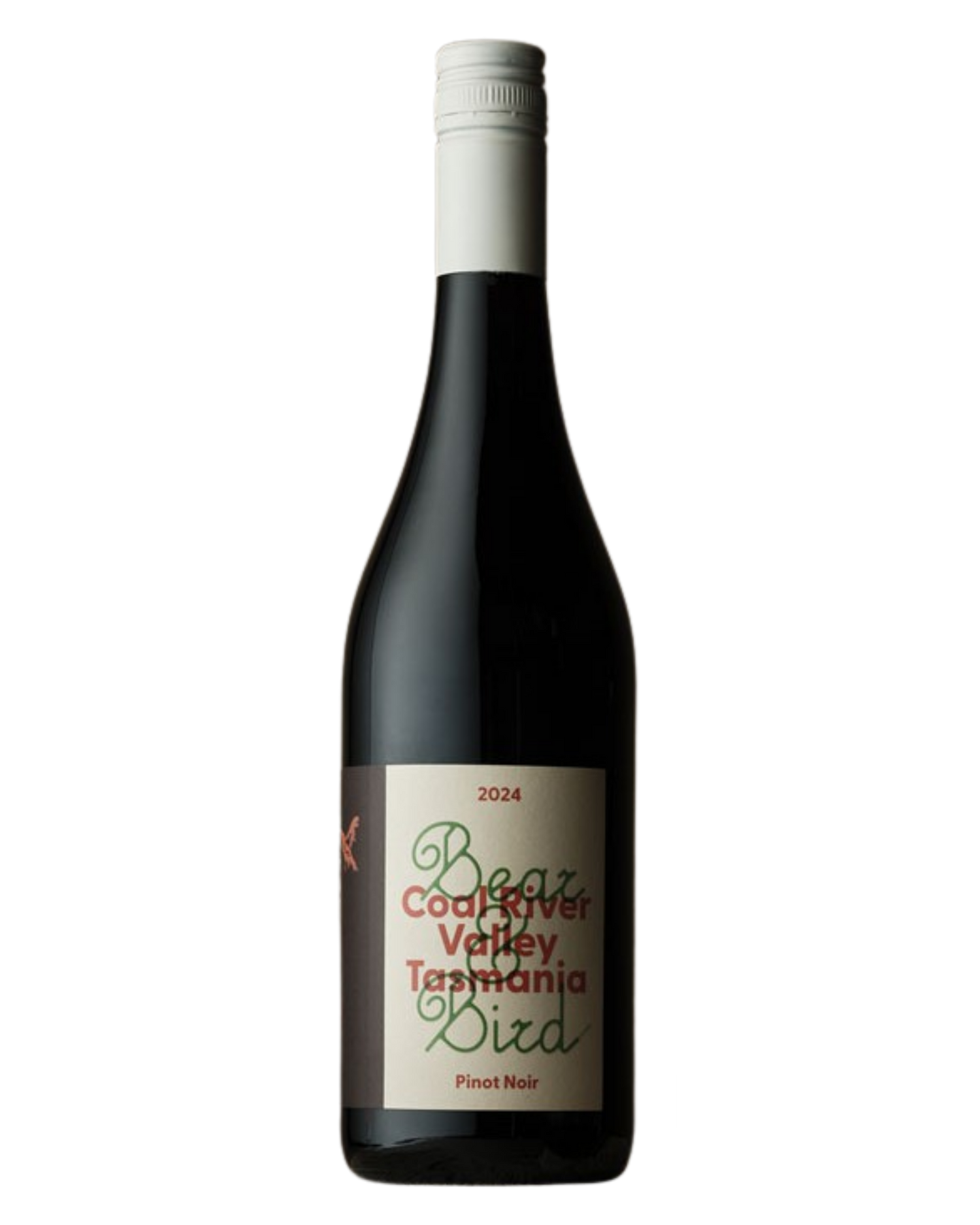 Bear & Bird Pinot Noir bottle with a white label and red writing in the background
