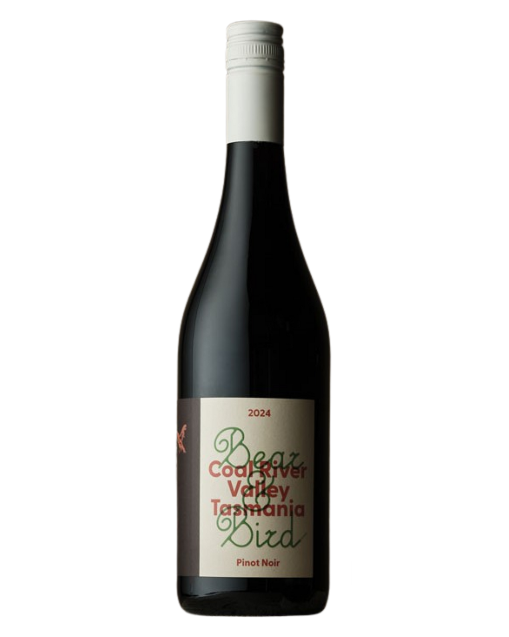 Bear & Bird Pinot Noir bottle with a white label and red writing in the background