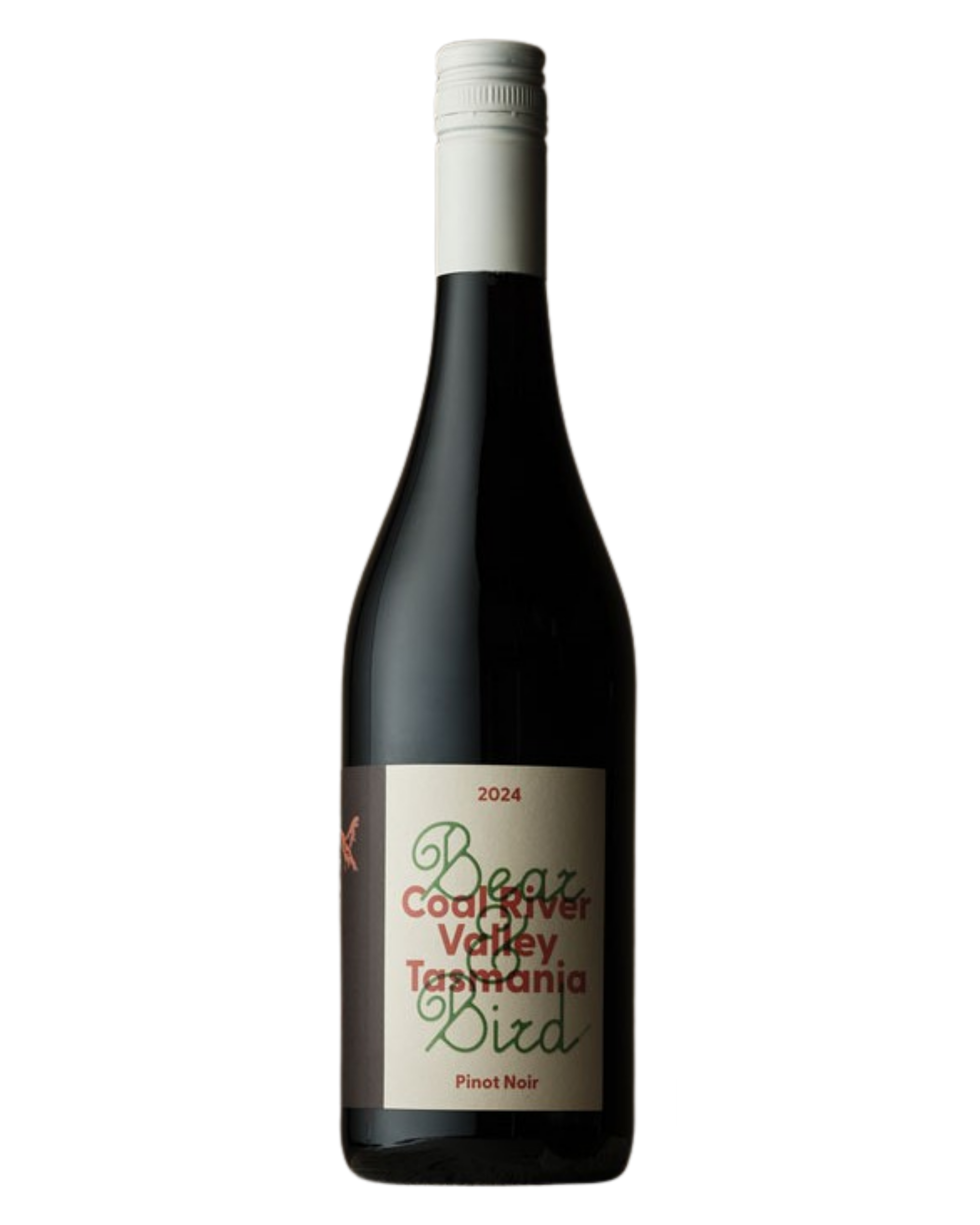 Bear & Bird Pinot Noir bottle with a white label and red writing in the background