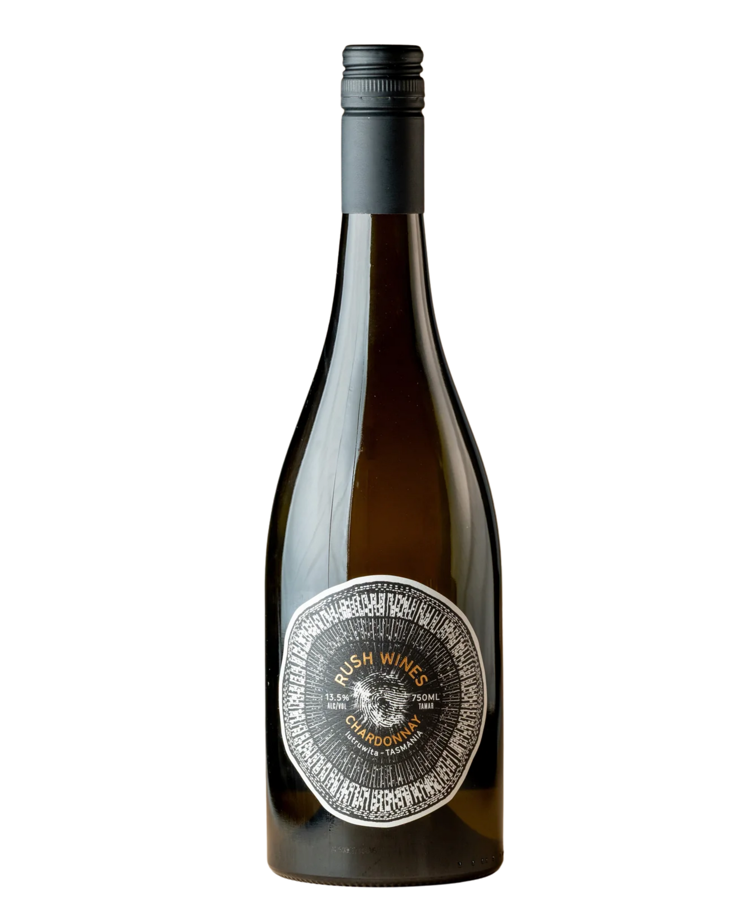 Rush Wines Chardonnay with gold writing on a white and black label 