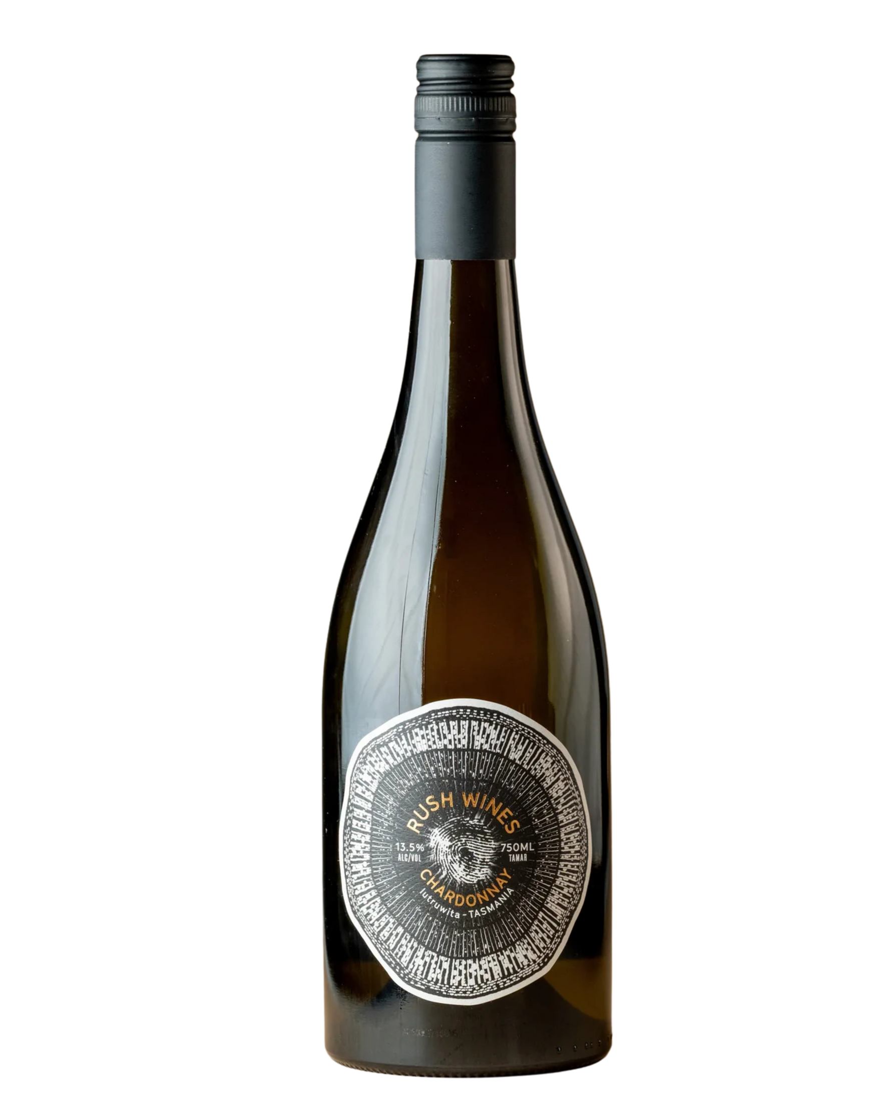Rush Wines Chardonnay with gold writing on a white and black label 