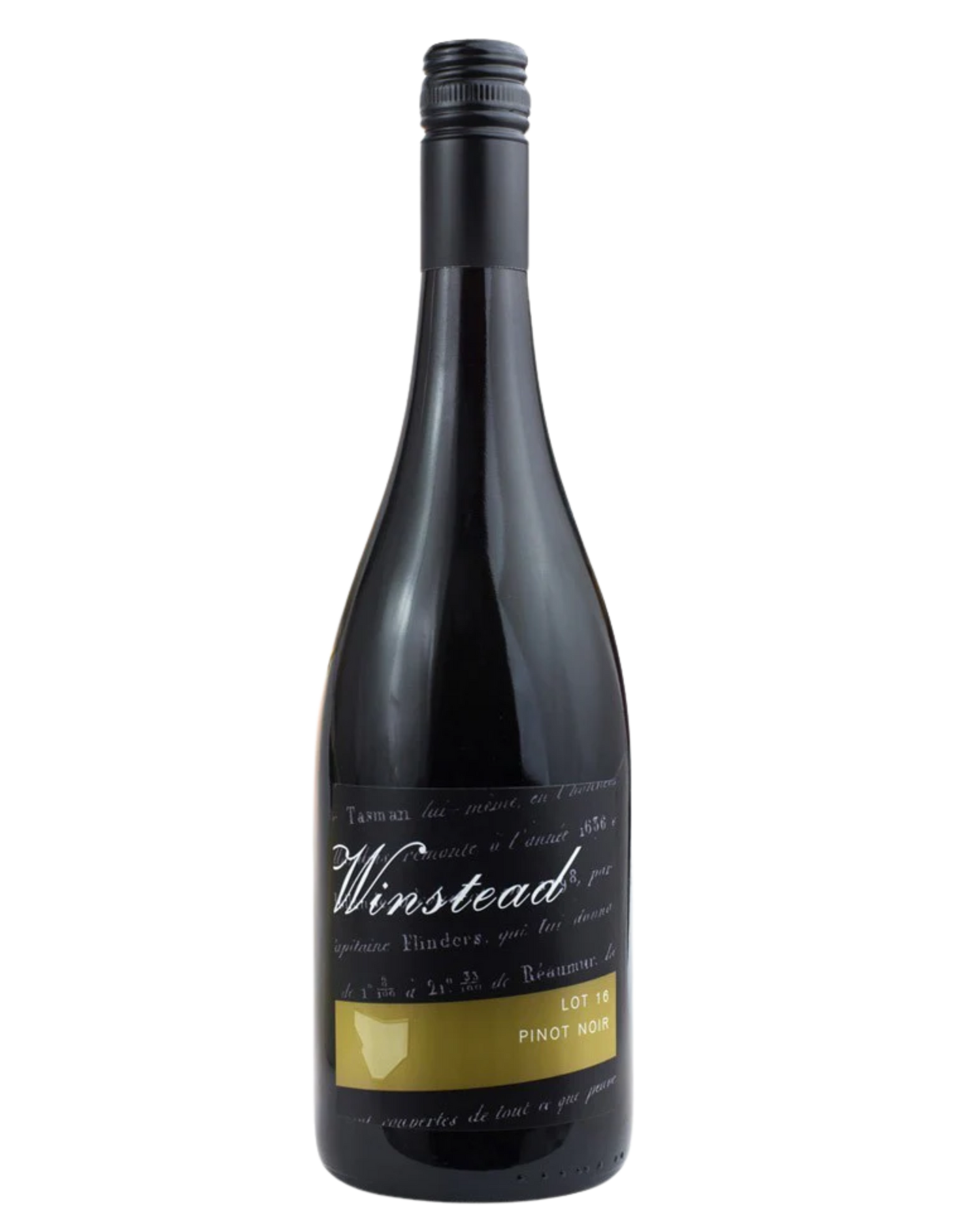 Winstead Lot 16 Pinot Noir with black label and gold strip with white writing 