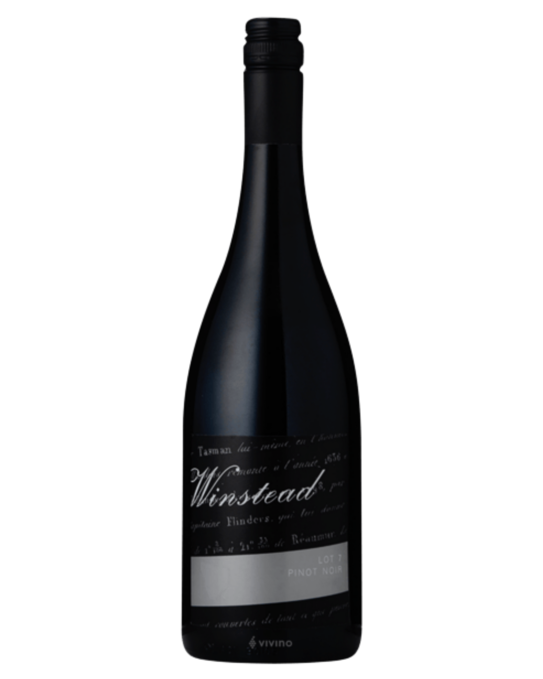 winstead Lot 7 Pinot Noir with black label and sliver strip with white writing 
