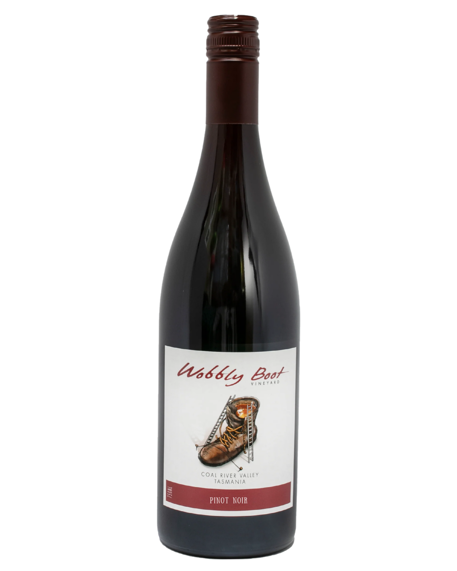 Wobbly Boot Pinot Noir with boot design on the label and red colour