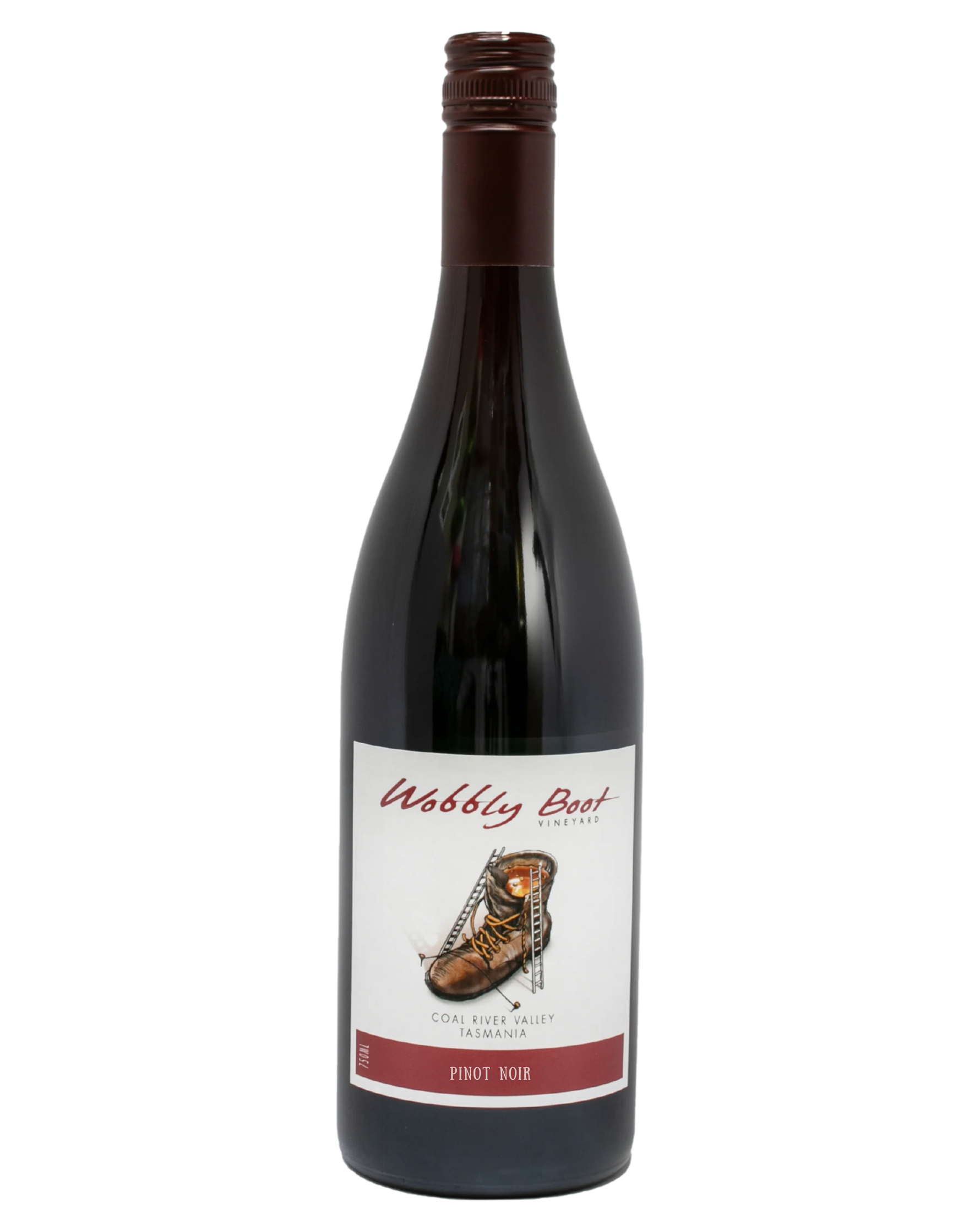 Wobbly Boot Pinot Noir with boot design on the label and red colour